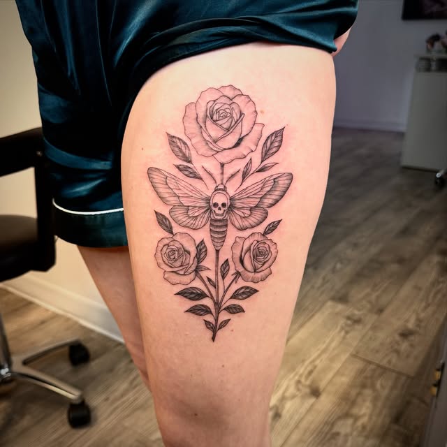 Black and grey death-head moth with roses and leaves tattooed on the thigh