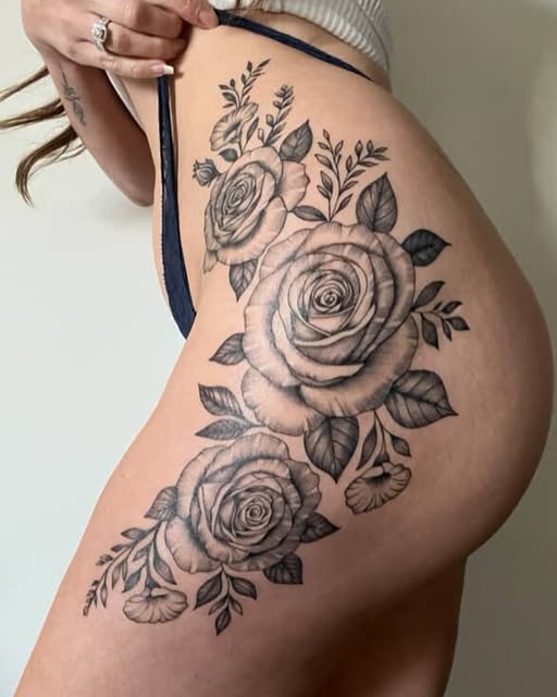 Large black and grey rose and leaf cluster covering the hip and thigh, cover-up of a scar