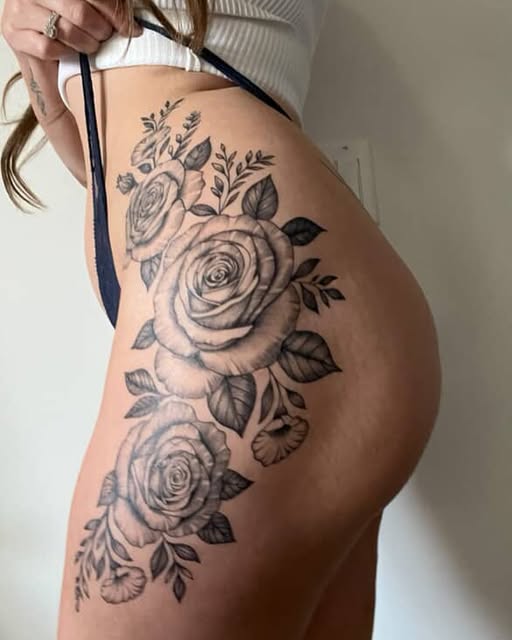 Side view of a black and grey rose and leaf piece wrapping the hip and thigh