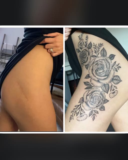 Before and after side by side: scarred hip, then covered with a black and grey rose tattoo