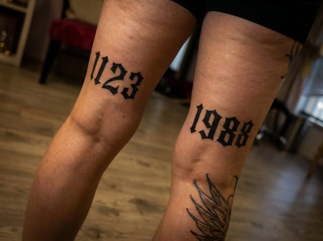 Old English numerals 1123 and 1988 on the back of the legs