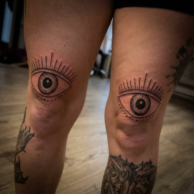 Matching evil eye tattoos on both knees
