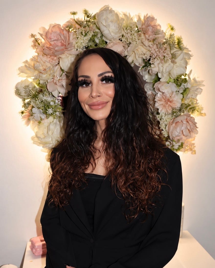 Portrait of Dominique of The Soul Healer Massage and Wellness in front of a flower wall