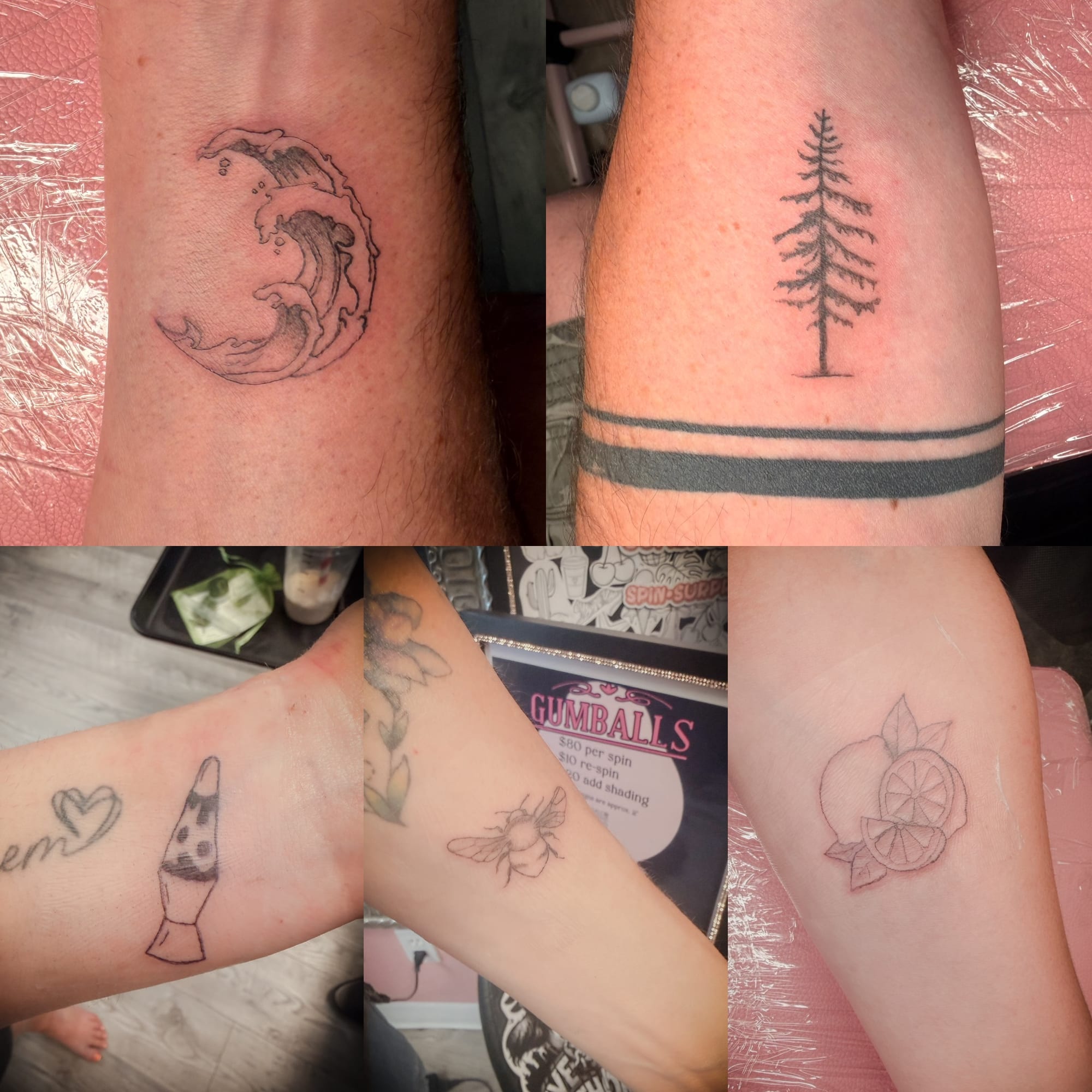 Five small tattoos in a collage: a wave, a pine tree with an armband, a lava lamp, a bee and lemons